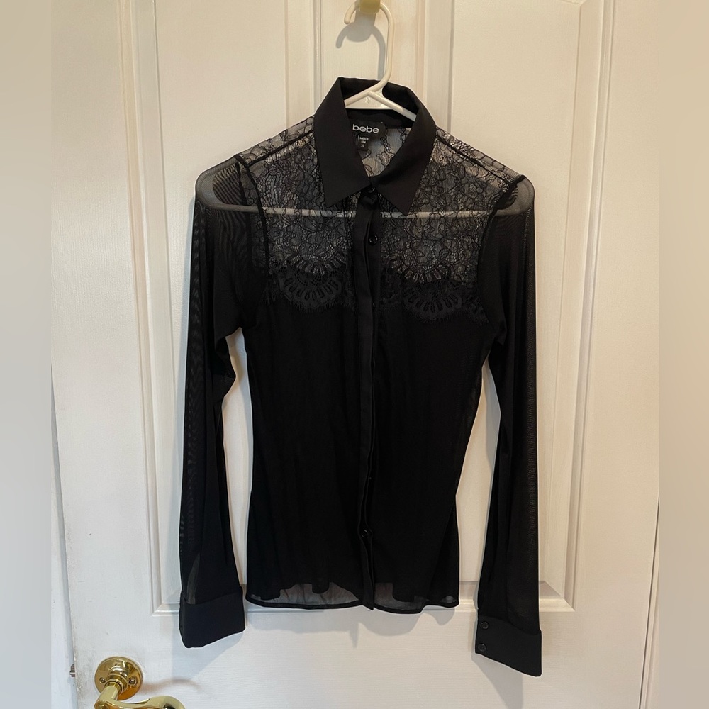 Bebe XS Black Mesh Button down shirt Lace detail Y2K Nwot